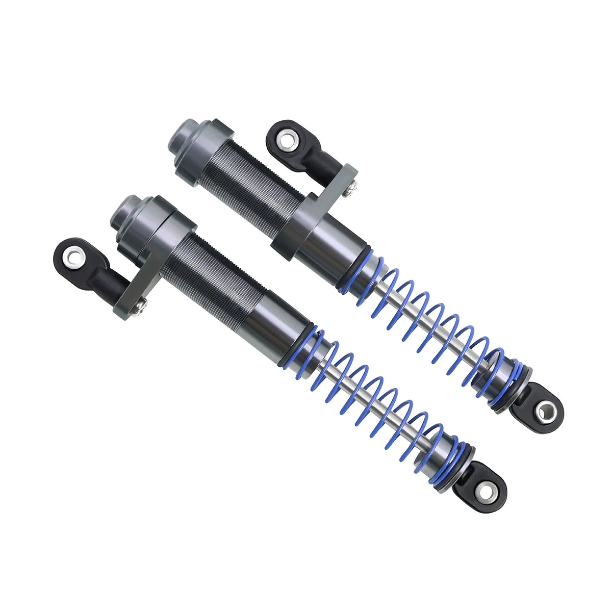 A set of adjustable aluminum shock absorbers for 1/10 RC crawlers, featuring silver and blue components.