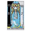 A tarot card depicting The High Priestess with a crown and flowing blue robes, set within an ornate frame.
