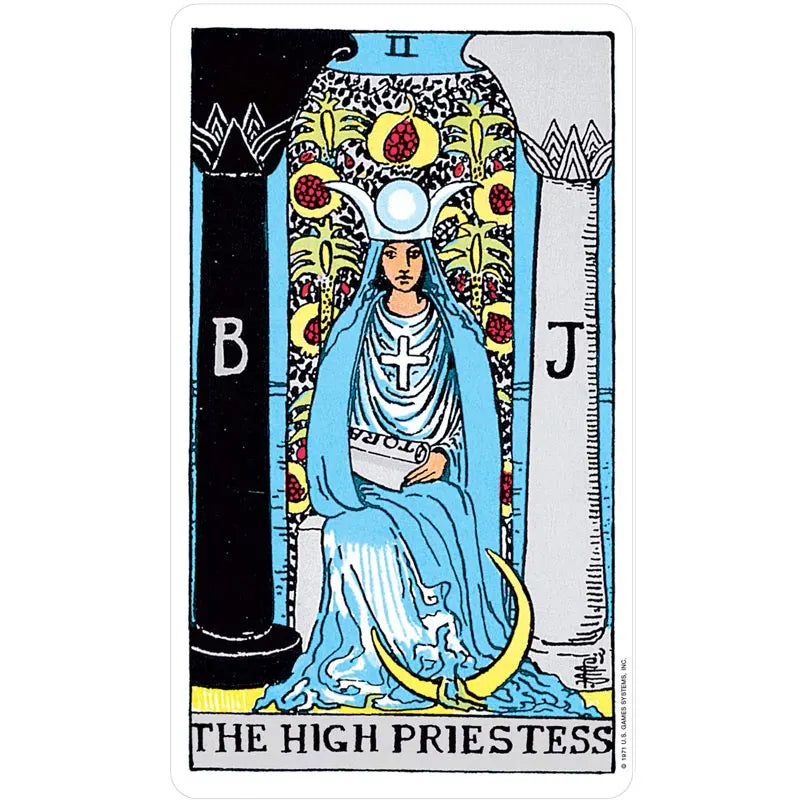 A tarot card depicting The High Priestess with a crown and flowing blue robes, set within an ornate frame.