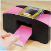 A black automatic card shuffler device with a dispenser tray and a red patterned card being dispensed.