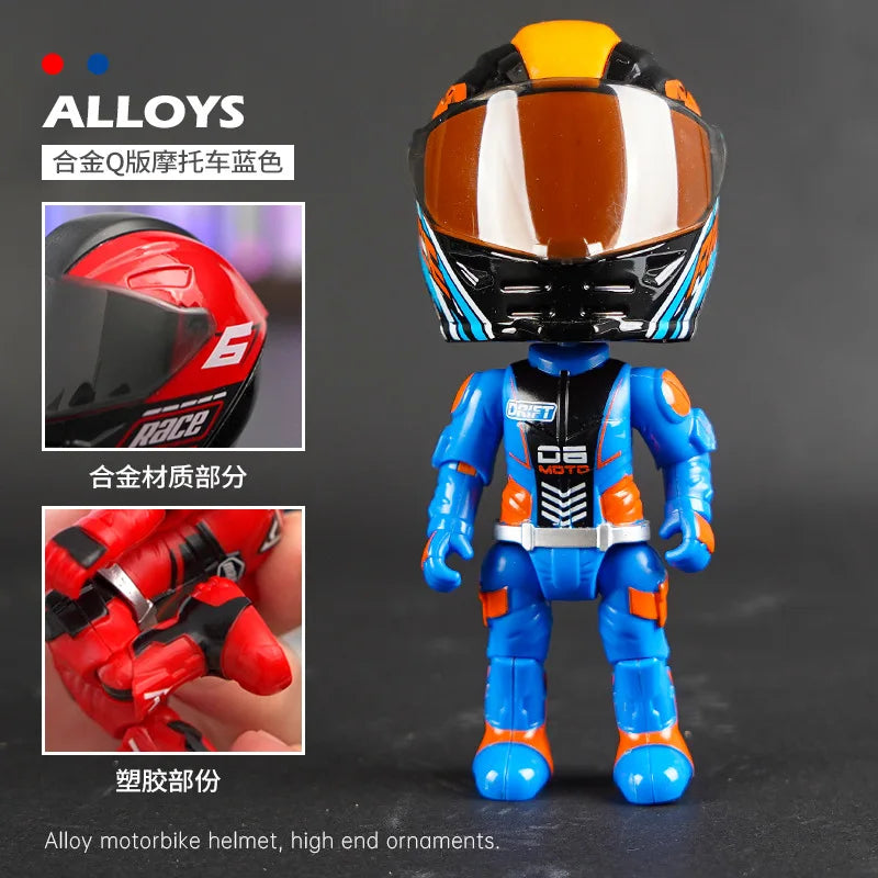 A miniature collectible of an alloy motorcycle helmet featuring blue and orange accents.