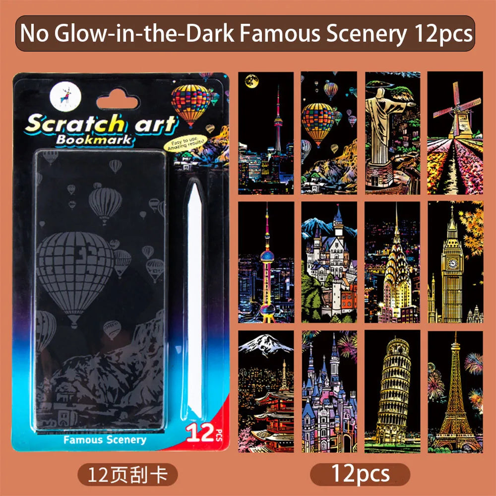 A package of 12 pieces of glow-in-the-dark scratch art bookmarks featuring famous scenery like the Eiffel Tower and landmarks