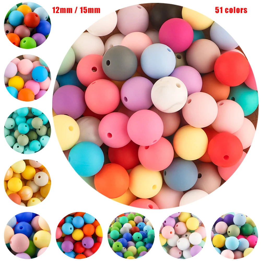 A variety of colorful silicone round beads in 51 colors are displayed, showing different shades and textures.