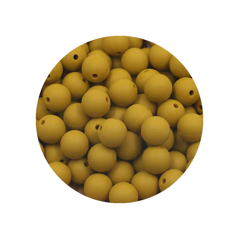 A circular arrangement of yellow silicone beads in various sizes for DIY jewelry making.