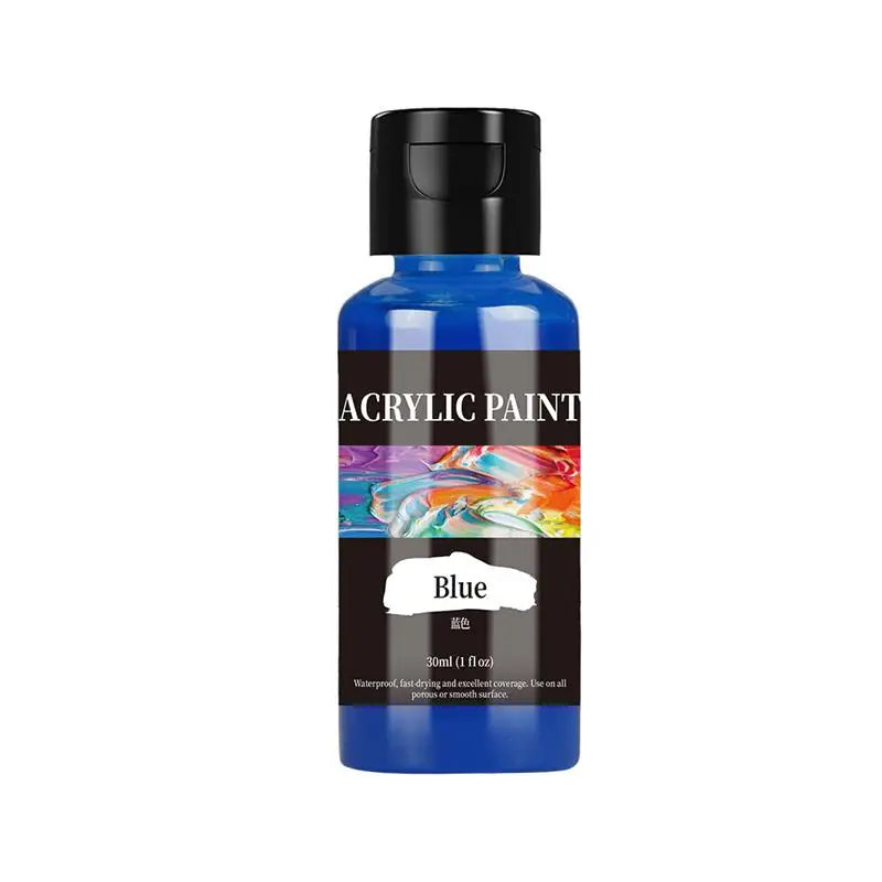 A dark blue bottle of acrylic paint with a black cap and label, ready for craft projects.