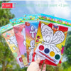 A set of DIY cartoon coloring painting kit for kids with four colors and a pen shown outdoors.