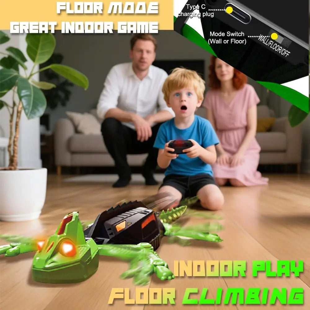 A child plays with a green lizard robot toy on the floor in an indoor game setting.
