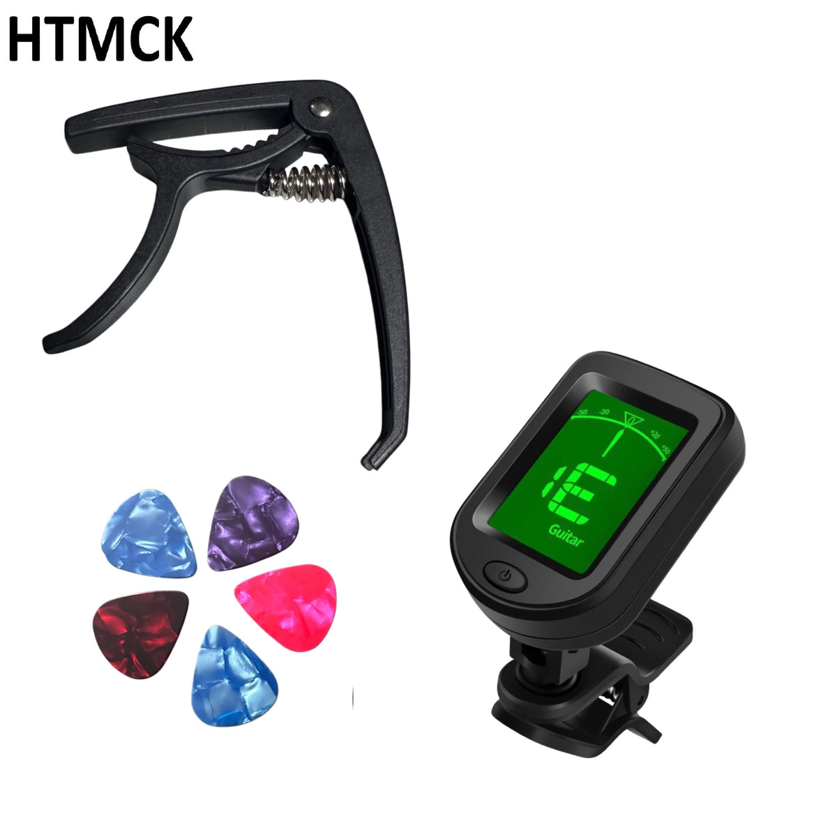 A black guitar starter kit featuring a capo, clip-on tuner, and five colored picks.