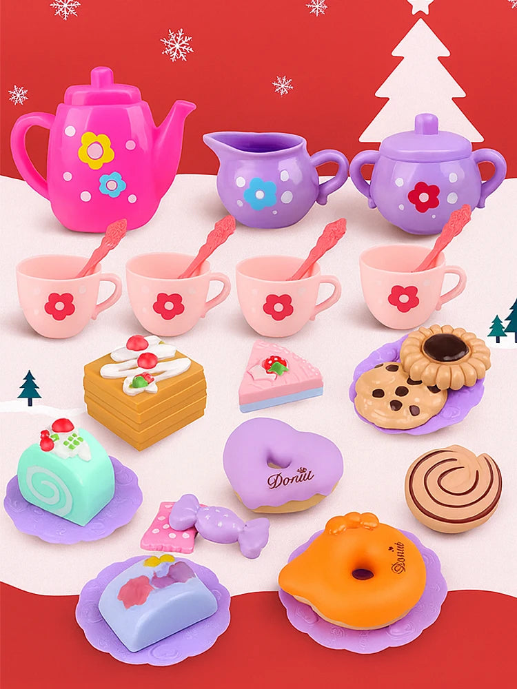 A colorful 27-piece pretend play tea party set featuring pink and purple ceramic teapots, cups, and pastries on a red backgro