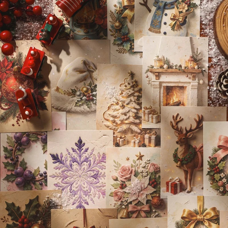 A collection of embossed Christmas decorative paper sheets featuring winter scenes, snowflakes, and festive designs.