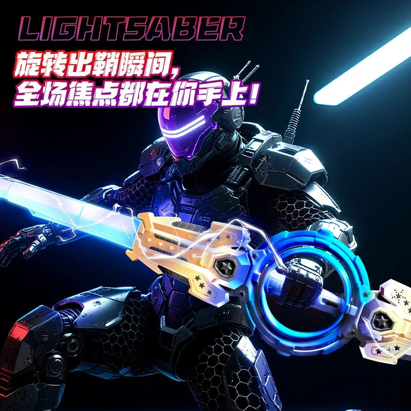 A futuristic armored figure wielding a glowing light saber with blue energy effects.