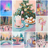 A collection of pastel Christmas diamond painting art featuring a decorated tree, holiday lights, and festive scenes.