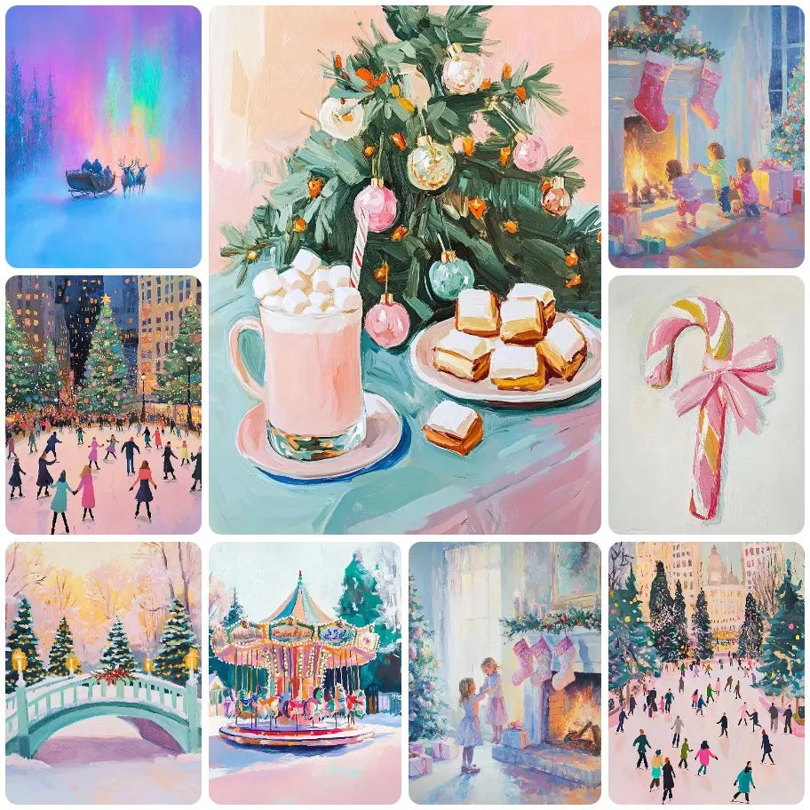 A collection of pastel Christmas diamond painting art featuring a decorated tree, holiday lights, and festive scenes.