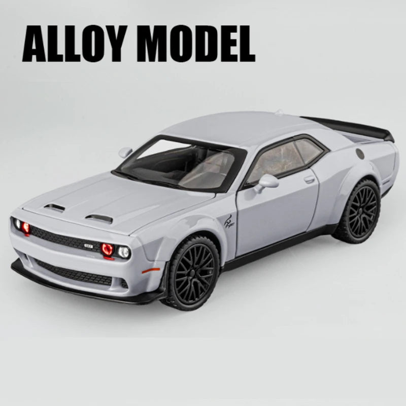 A white diecast model of a Dodge Challenger SRT Hellcat car.