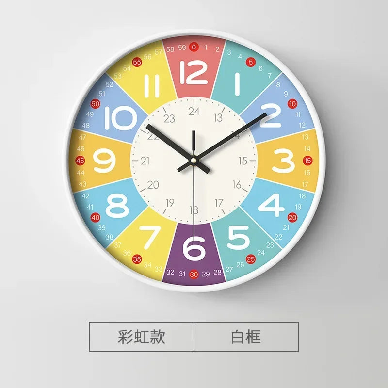 A round analog clock face with colored numbers and hands, featuring a grid of colors for teaching purposes.