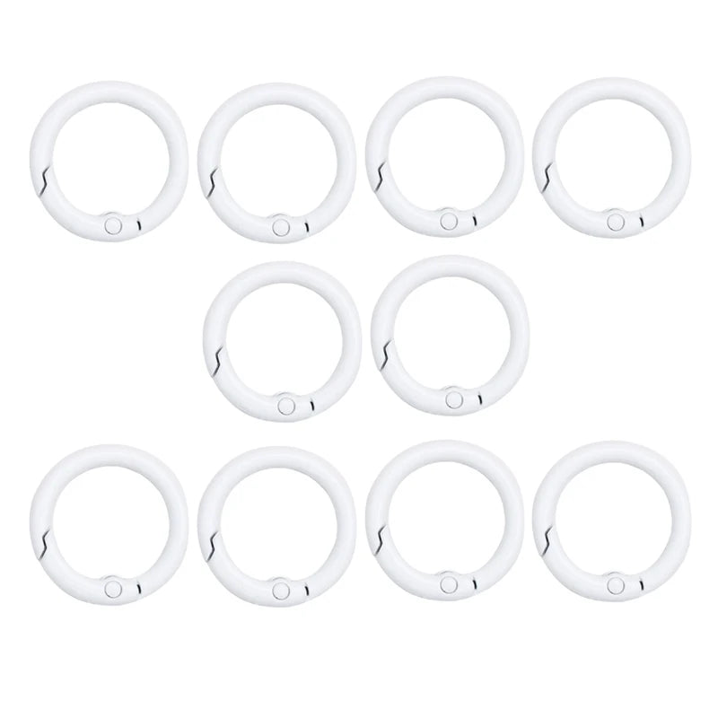 A set of nine white alloy snap hook keychain clips, each measuring 24mm.