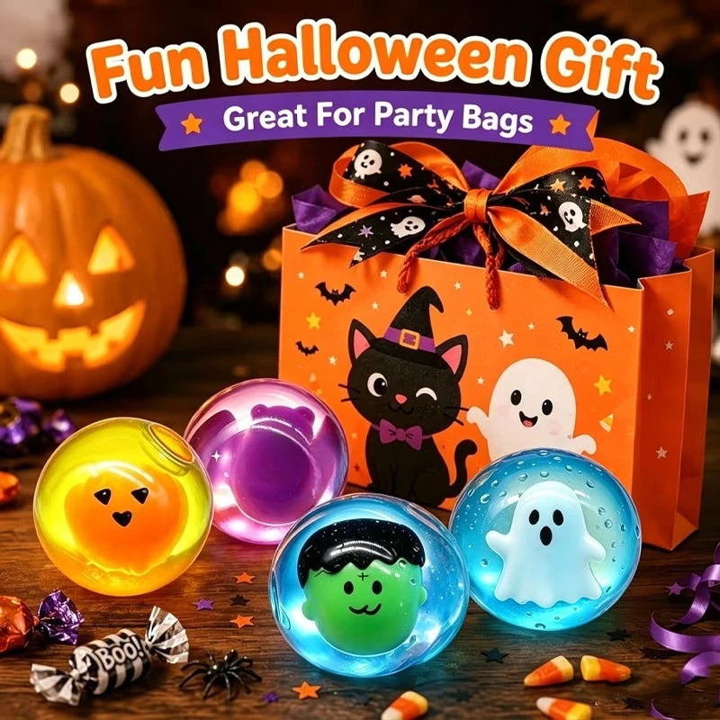 An orange gift bag filled with Halloween themed items including a cat and ghost figures, alongside various squishy toys.