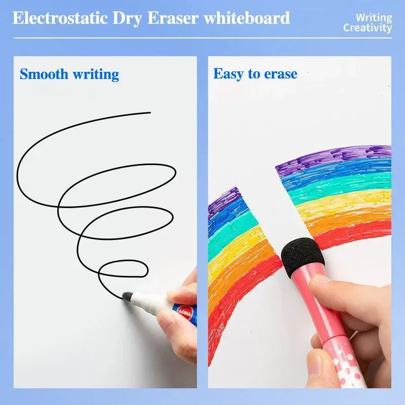 A close-up of an electrostatic dry eraser whiteboard showing smooth writing and easy erasing with a colored eraser.