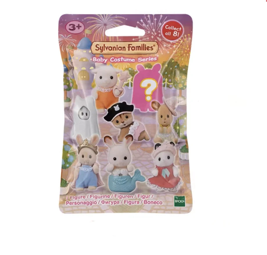 A package of Sylvanian Families Baby Costume Series blind bag collectible figures featuring various animal characters.
