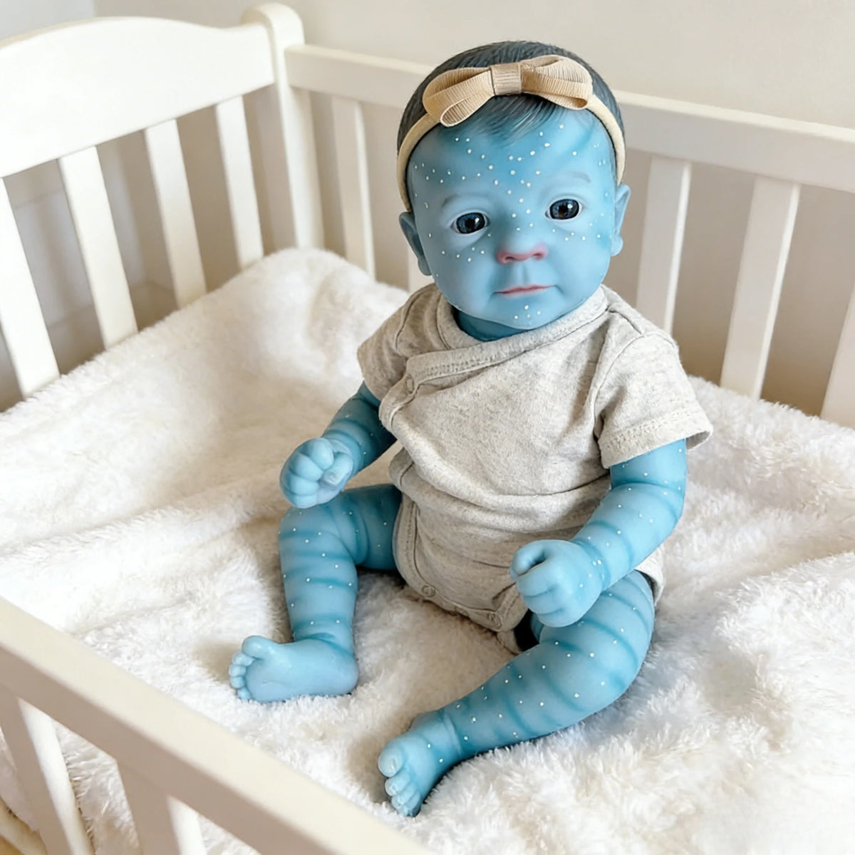A blue reborn baby doll with a bow headband and blue dots, lying on a white fluffy blanket in a crib.