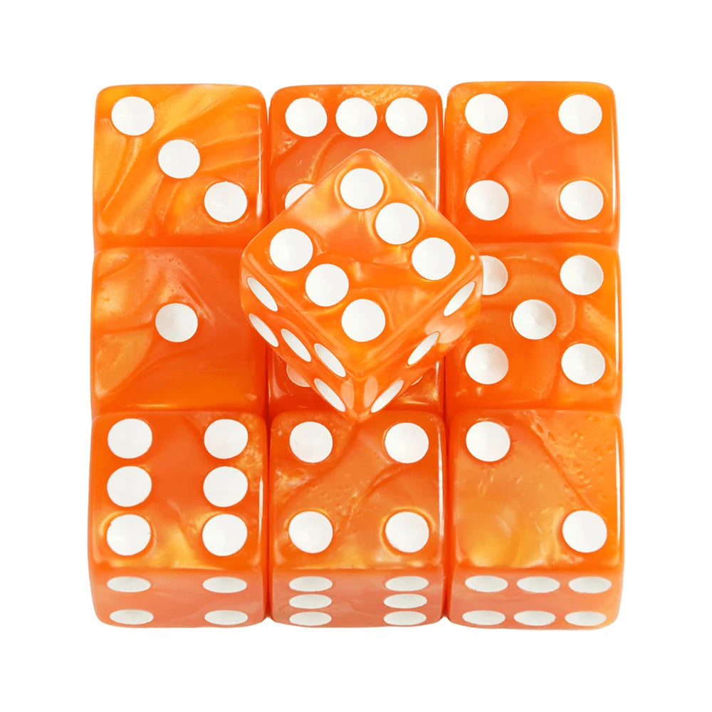 A set of ten orange and white marbled acrylic dice.