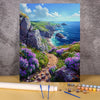 A painting in progress of a scenic coastal landscape featuring cliffs, purple flowers, and blue sea.
