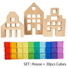 A wooden house structure and 30 colorful acrylic cubes for building blocks
