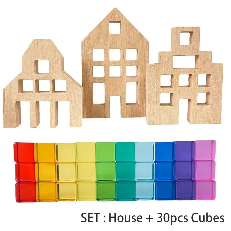 A wooden house structure and 30 colorful acrylic cubes for building blocks