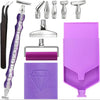 A complete diamond painting tool kit featuring precision pens, tools, and a purple plastic frame.