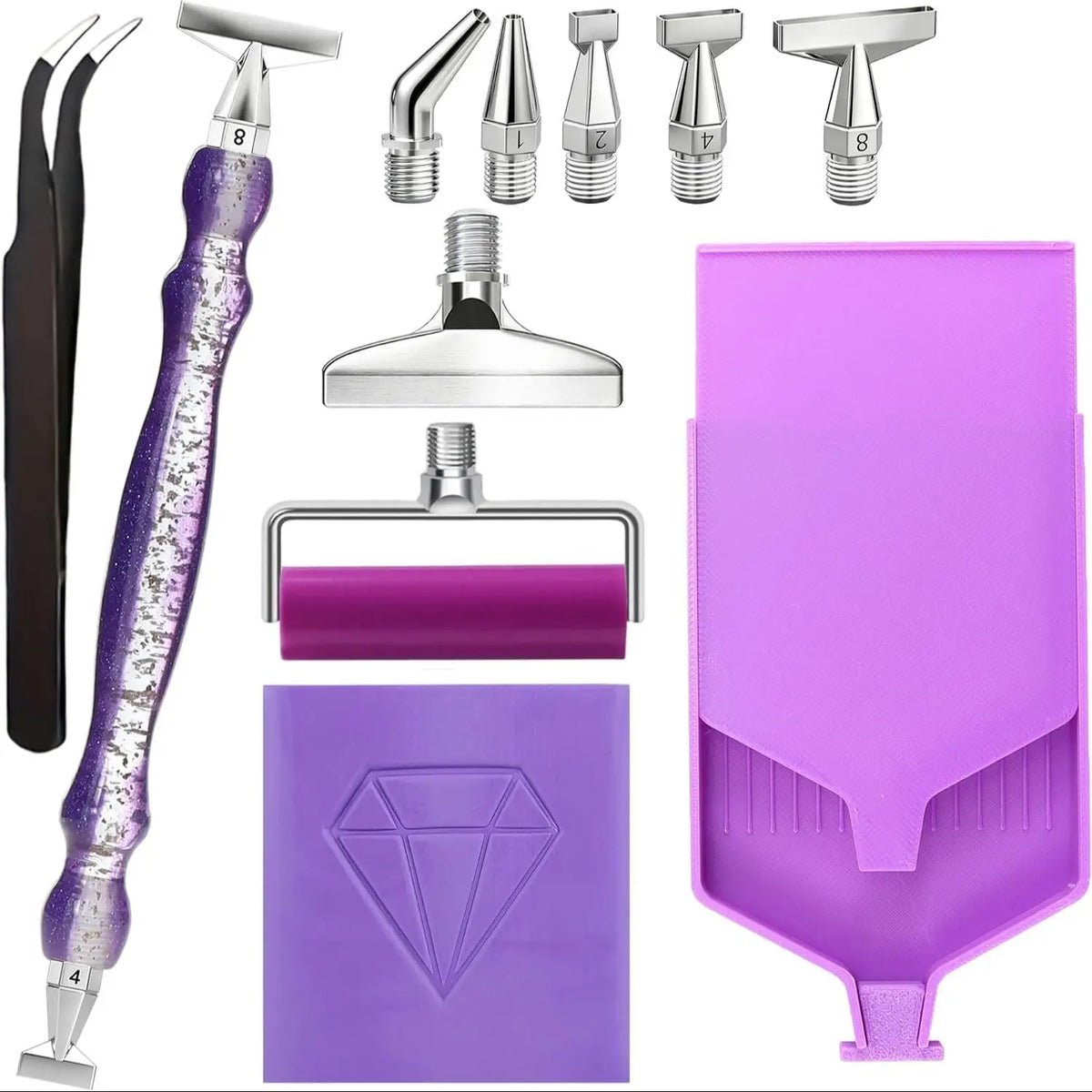A complete diamond painting tool kit featuring precision pens, tools, and a purple plastic frame.