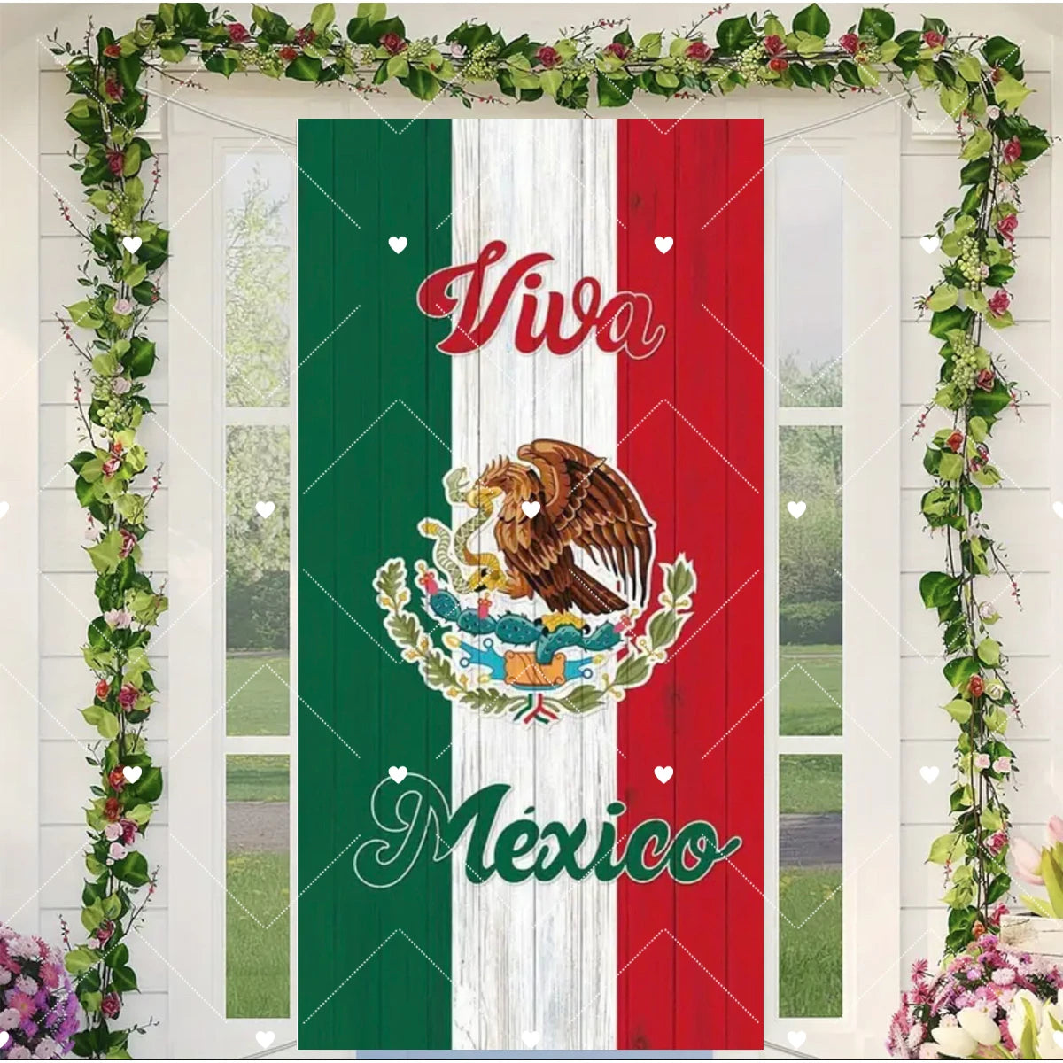 Viva Mexico door cover featuring a green, white, and red flag design with an eagle emblem and floral greenery.