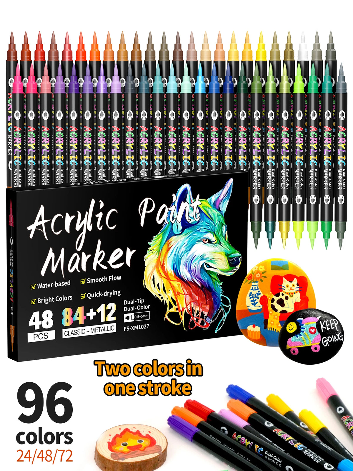A set of 96 dual-tip acrylic paint markers in various colors and tips for art and crafts.