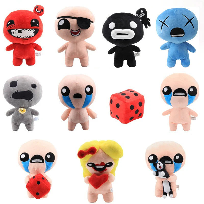 A collection of various plush toys featuring characters from The Binding of Isaac game.