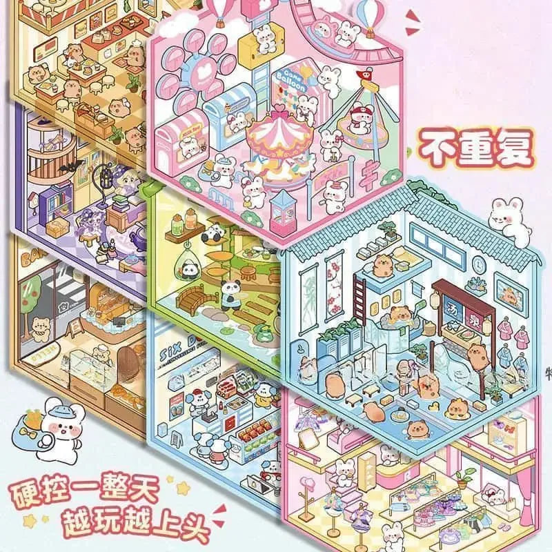 Colorful miniature 3D house scene stickers for journaling and scrapbooking featuring cute animals and detailed interiors