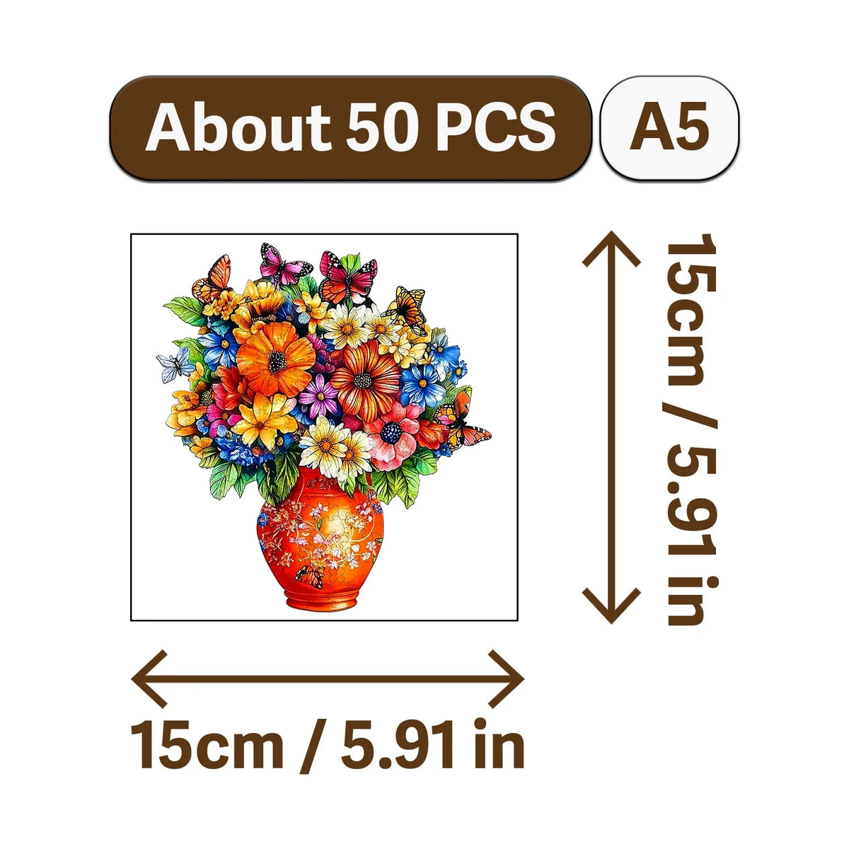 A square illustration of a vibrant floral arrangement in an orange pot, suitable for an A5 size jigsaw puzzle.