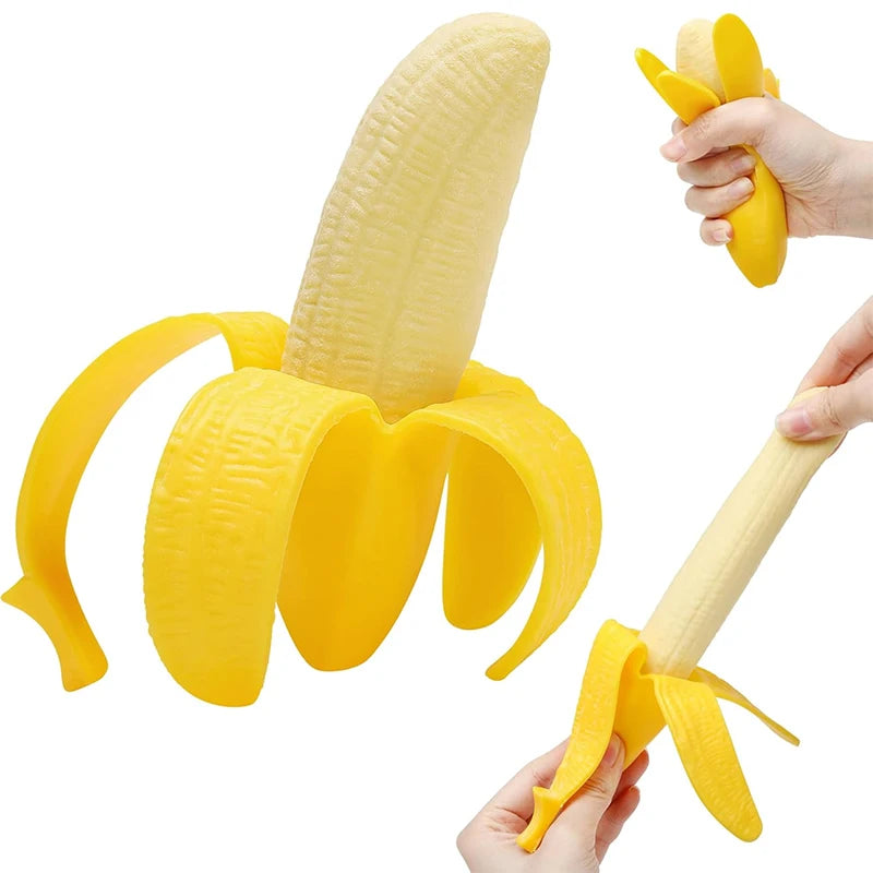A hand is holding a yellow stretchy banana fidget toy, demonstrating its flexible shape.