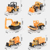 A set of ten diecast construction vehicles including a yellow excavator, loader, dump truck, and other machinery.