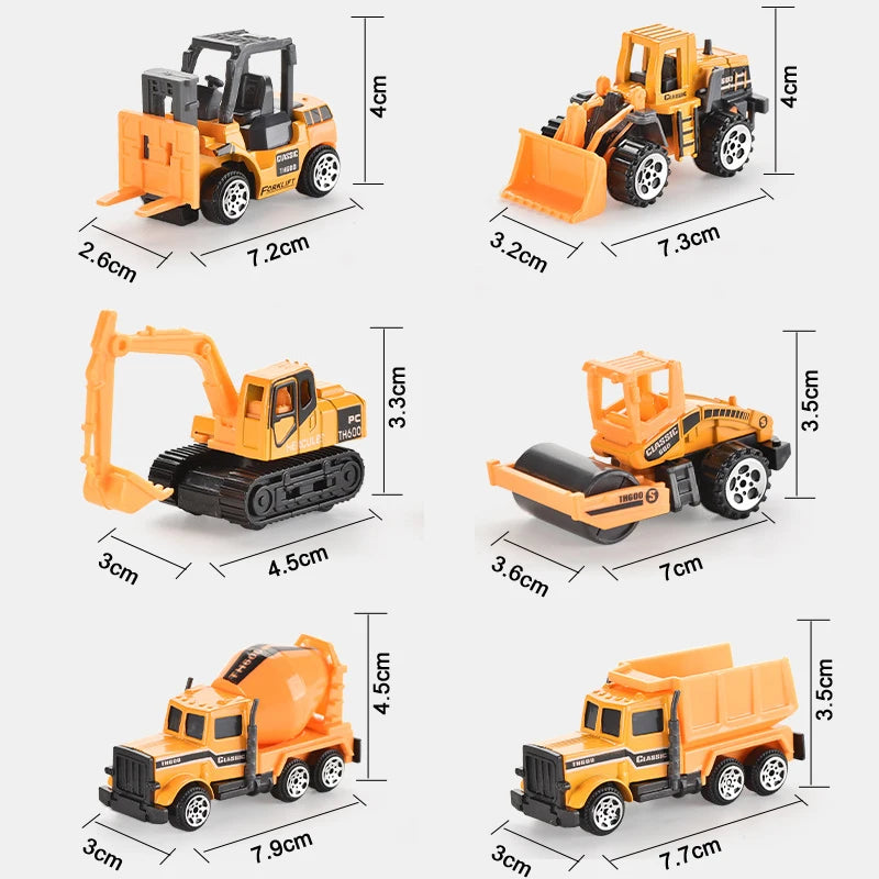 A set of ten diecast construction vehicles including a yellow excavator, loader, dump truck, and other machinery.