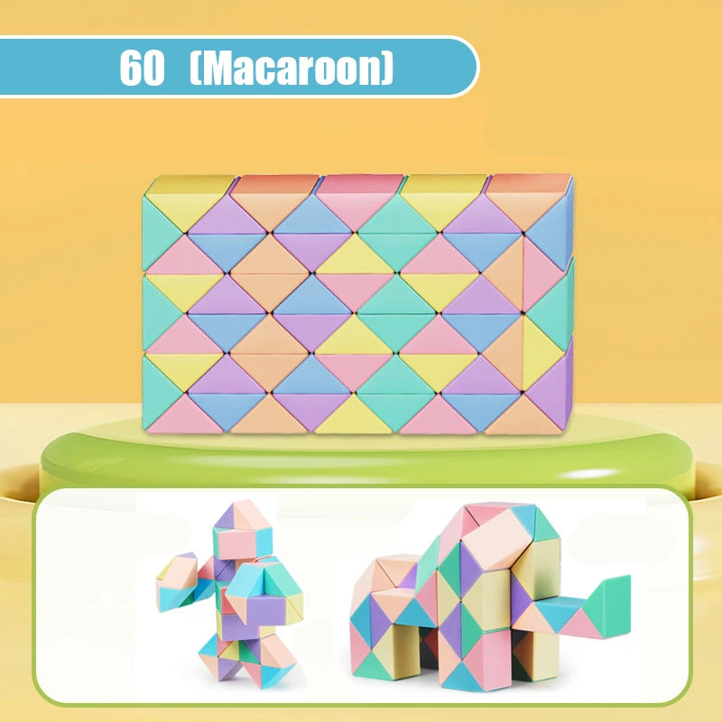 A colorful magic snake cube 3D puzzle fidget toy shown in various assembled and disassembled forms.
