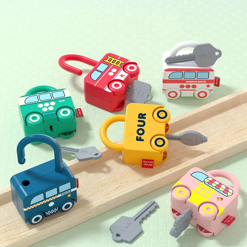 A set of colorful Montessori number matching lock toys and keys for toddlers displayed on a wooden surface.