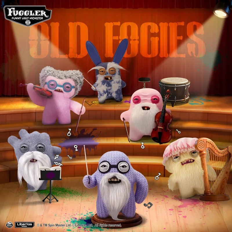 A collection of old fogies plush monster toys featuring various funny, grotesque, and silly characters.