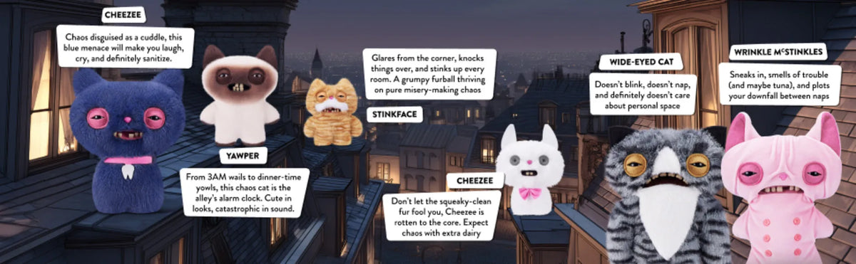 A collection of plush toys featuring cats and other animals with various expressions and textures.
