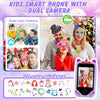 A colorful kids smart phone with a dual camera feature, showing children using the device and cute stickers.
