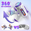 A purple and white bubble machine gun is shown with a 360 no-leakage feature, compared to a disassembled version.