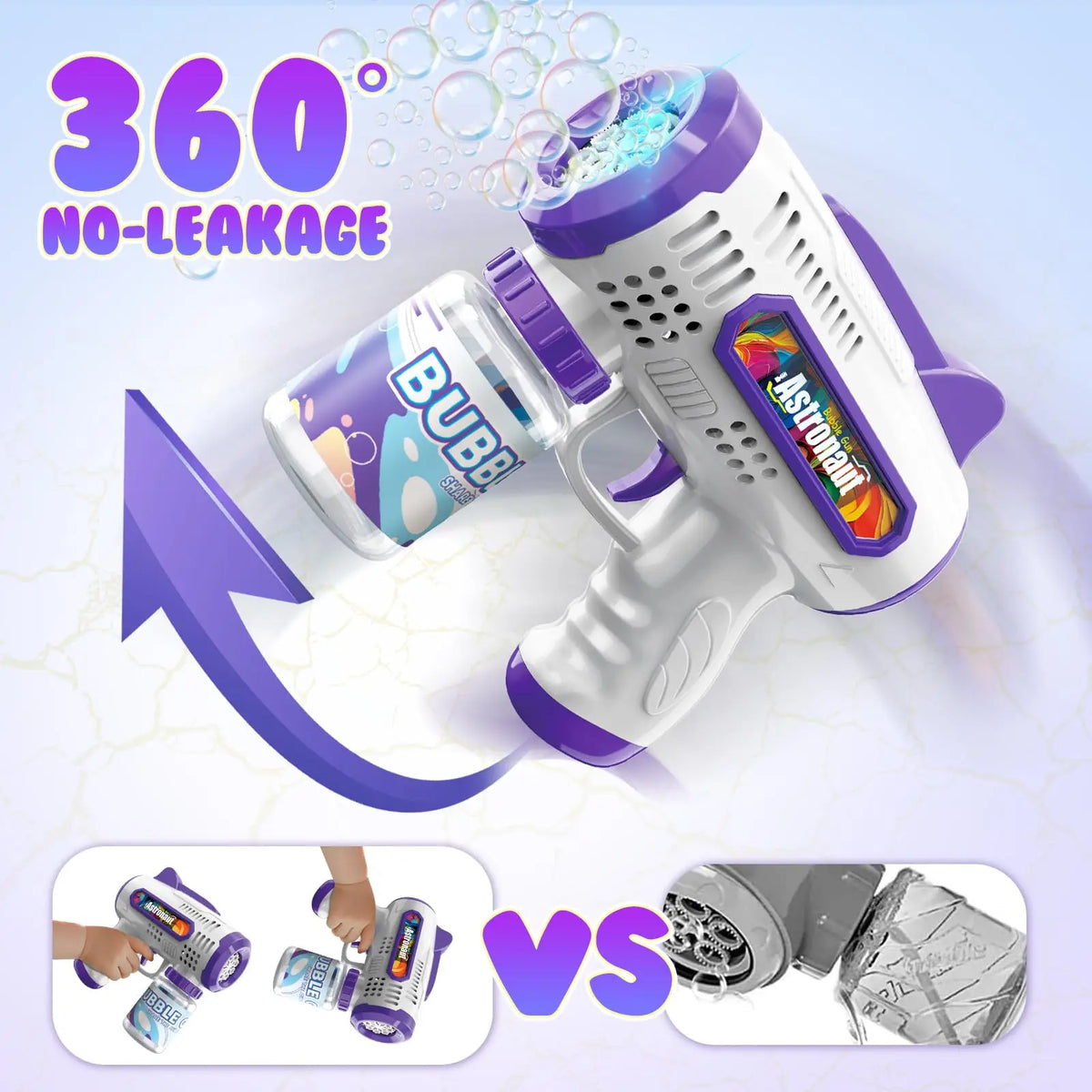 A purple and white bubble machine gun is shown with a 360 no-leakage feature, compared to a disassembled version.