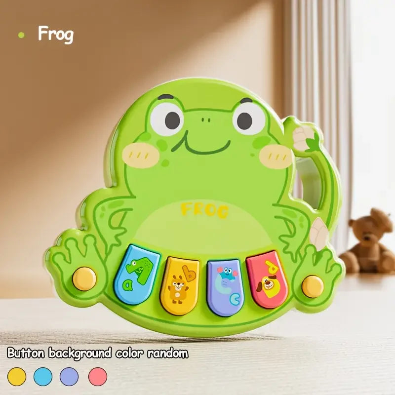 A bright green frog-shaped button background toy for kids with colorful buttons.