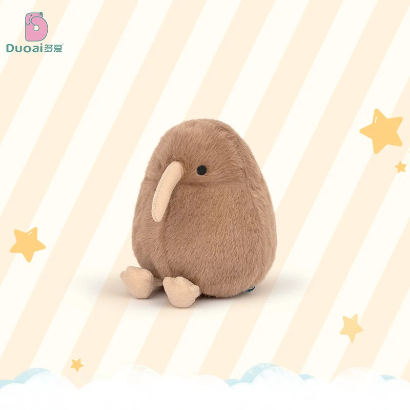 A brown kiwi bird plush toy with large ears and soft texture is shown against a light background.