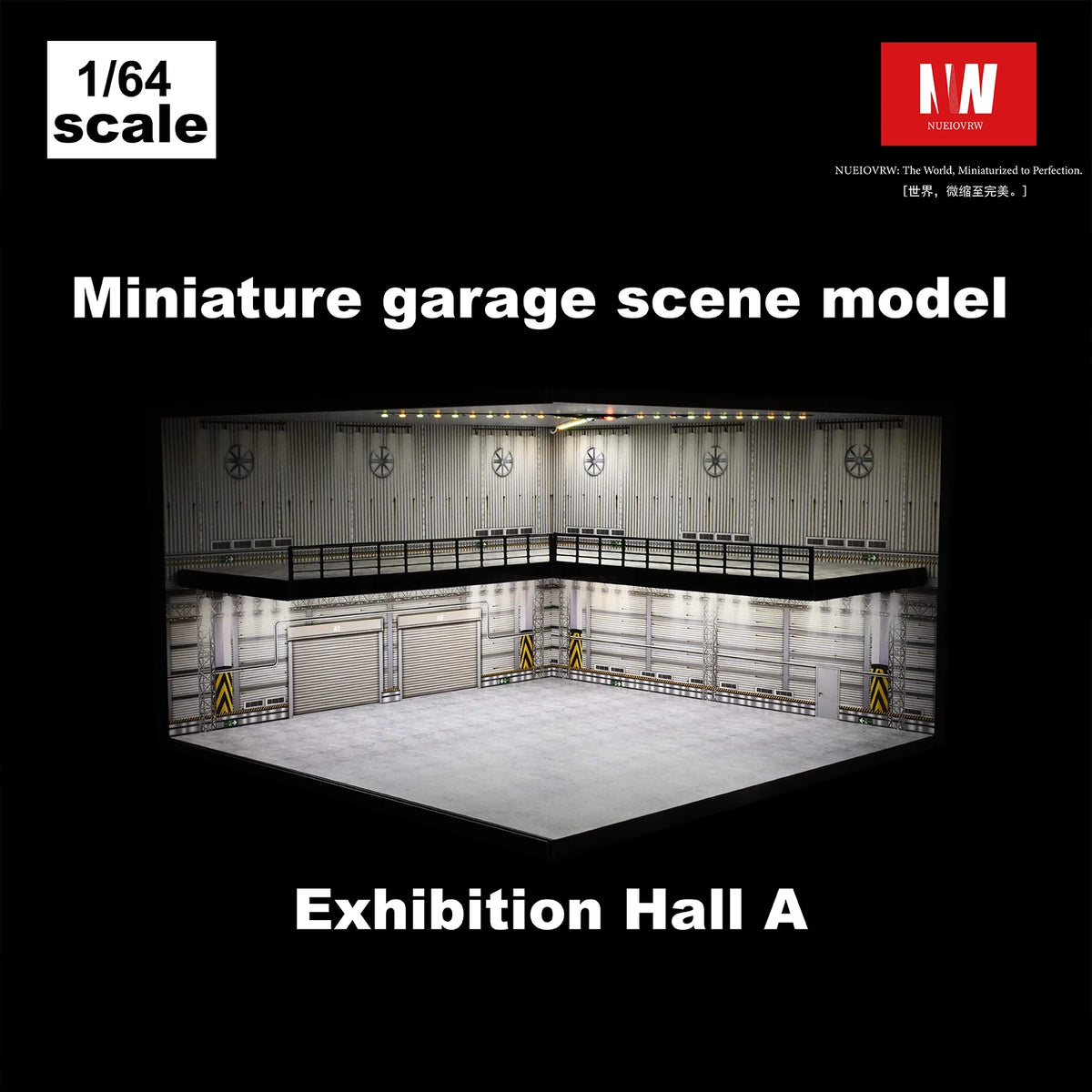 A miniature garage scene model of an exhibition hall with a concrete floor and storage bays.