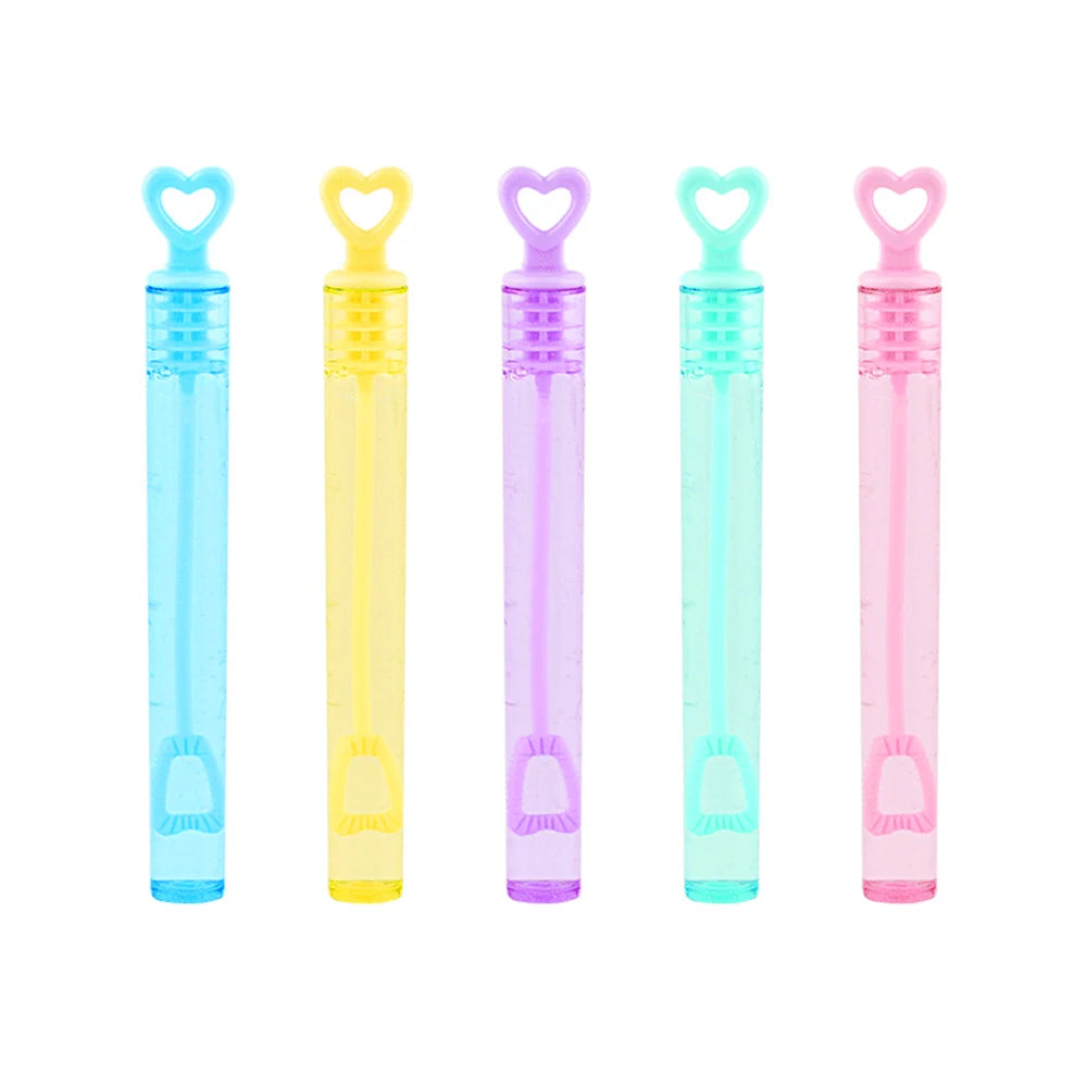 Five mini bubble wands in blue, yellow, purple, and pink for party favors