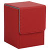 A red leather deck box with a hinged lid, designed to hold trading cards.